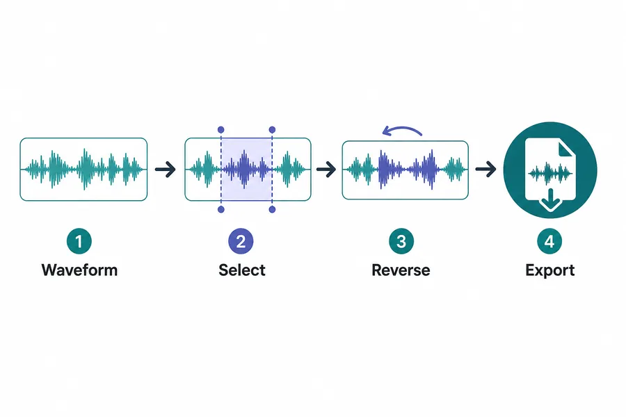 Audacityで音声波形を選択して逆再生する手順の図解