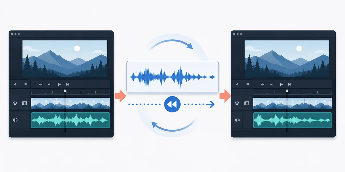 動画編集タイムラインから音声波形を分離して逆再生し戻す流れの概念図