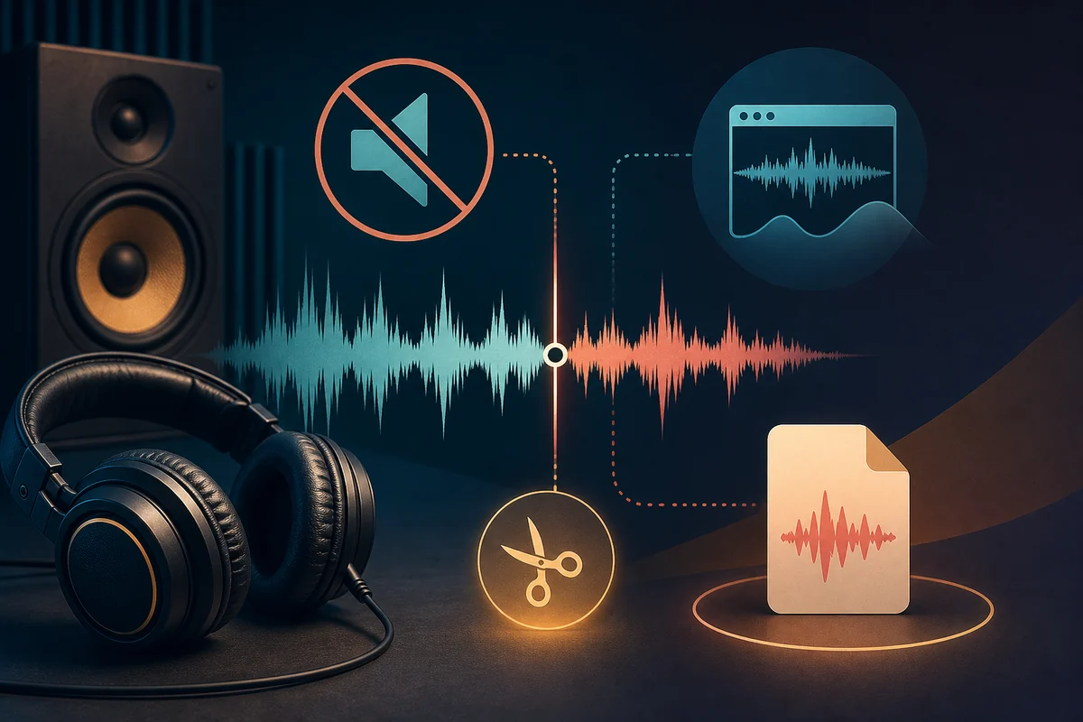 無音、カット位置、書き出し形式を確認する音声編集チェックの概念図