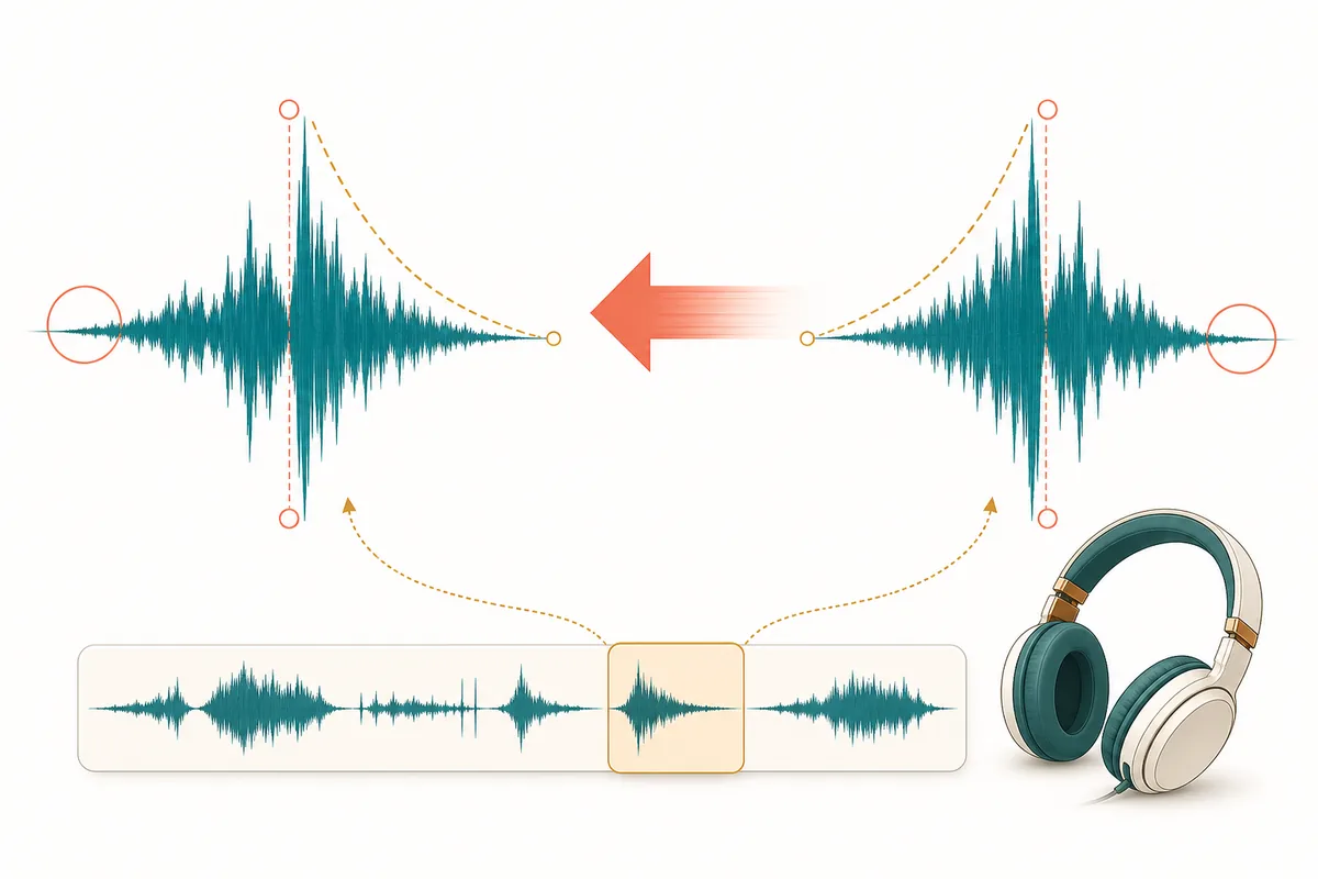 通常の音声波形と左右反転した逆再生波形を比較する概念図