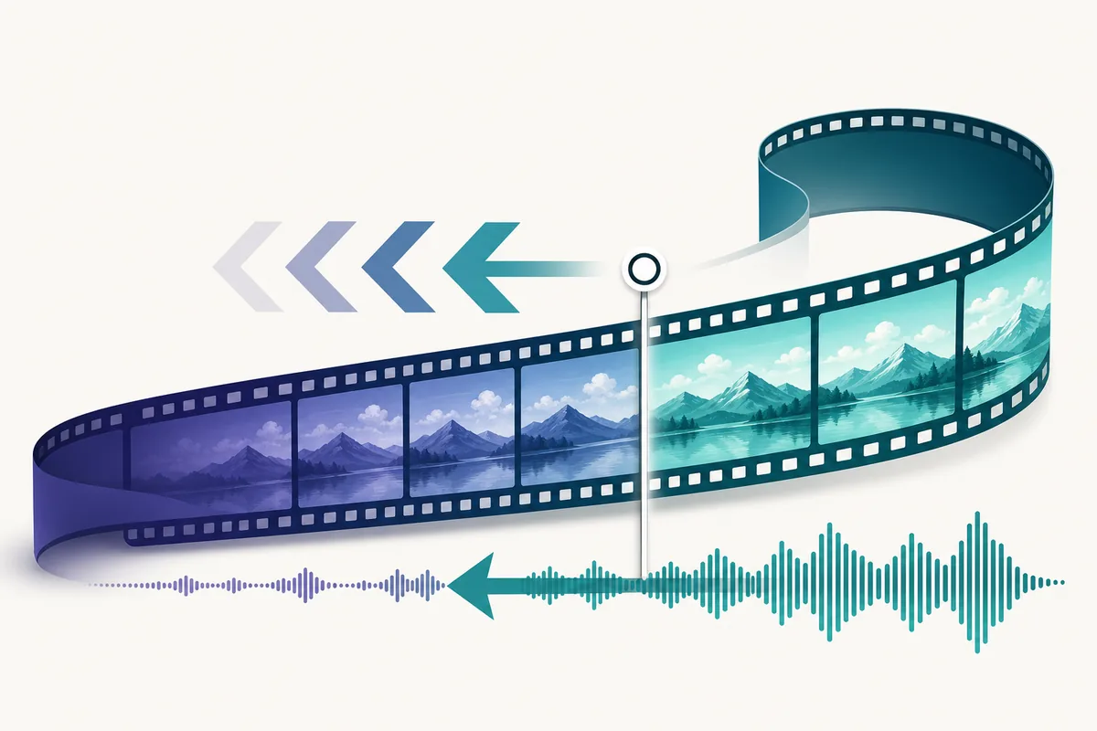 PowerDirectorで動画と音声を逆再生する考え方を示した編集イラスト