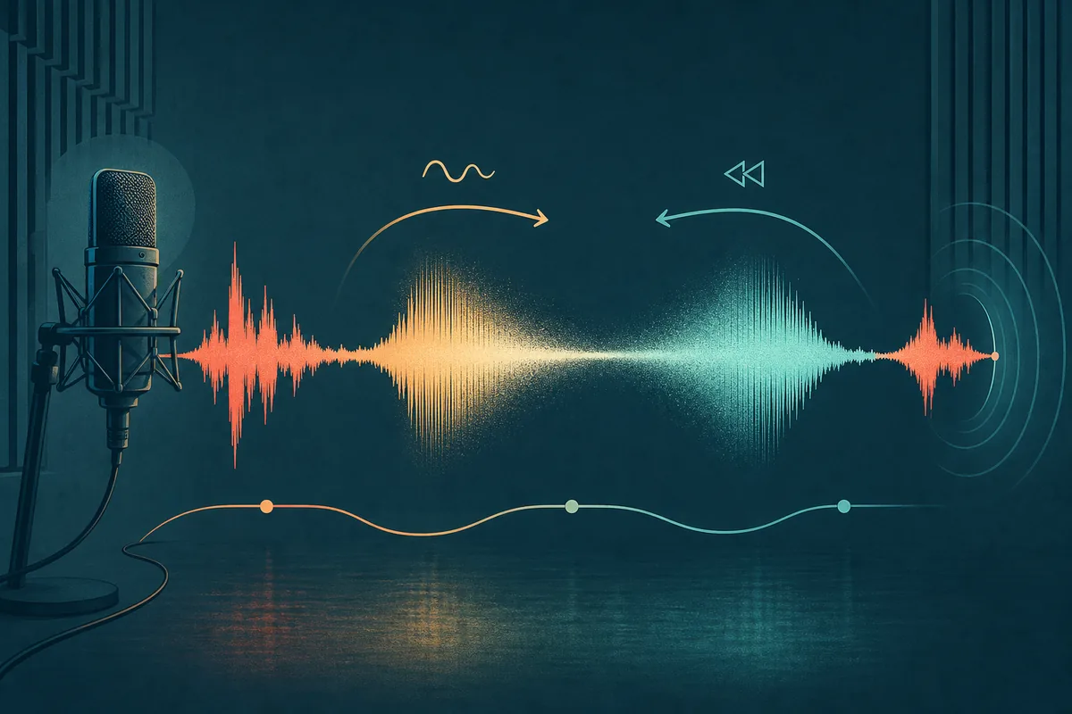リバースリバーブで声の波形が余韻として膨らむ様子を示したイラスト