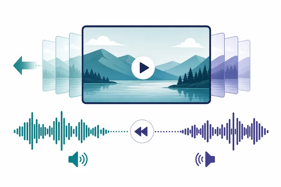 動画フレームと音声波形を分けて逆再生する流れの編集イラスト